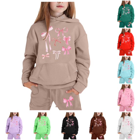 GobdXE Girls 2 Piece Hoodie Sweatpants Set Bow Print Long Sleeve Pullover Tracksuit Casual Outfit for Kids Girls 2-3 Years,Khaki