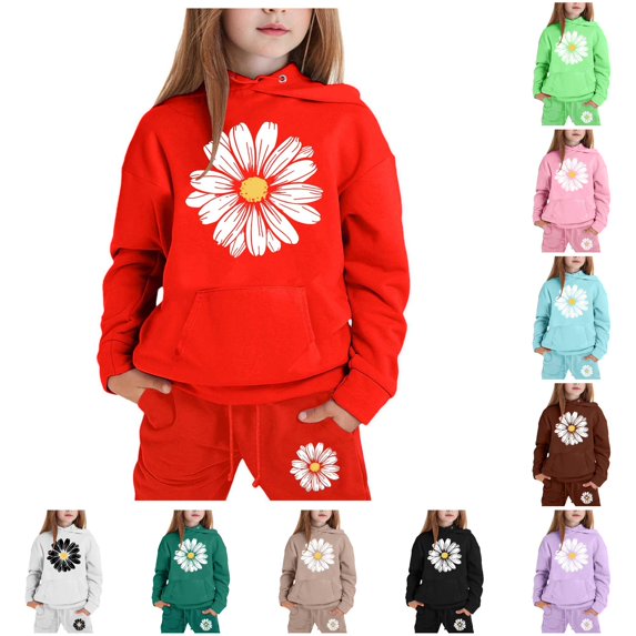 GobdXE Girls 2 Piece Hoodie Sweatpants Set Daisy Print Long Sleeve Pullover Tracksuit Casual Outfit for Kids Girls 2-3 Years,Red