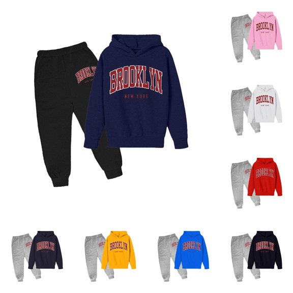 GobdXE Girls 2 Piece Outfit Brooklyn New York Arc Letter Print Hoodie Jogger Pants Warm Fall Winter Sweatsuit Tracksuit 5-6 Years,Dark Blue