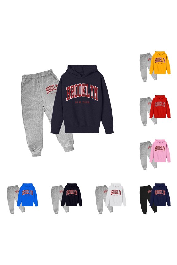 GobdXE Girls 2 Piece Outfit Brooklyn New York Arc Letter Print Hoodie Jogger Pants Warm Fall Winter Sweatsuit Tracksuit 5-6 Years,Navy