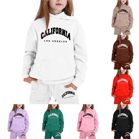 GobdXE Girls 2 Piece Outfit California Los Angeles Print Hoodie Jogger Pants Warm Fall Winter Sweatsuit Tracksuit 2-3 Years,White