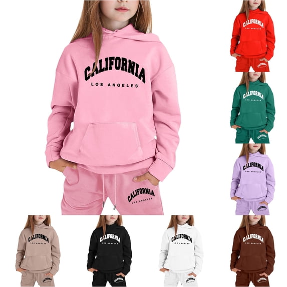GobdXE Girls 2 Piece Outfit California Los Angeles Print Hoodie Jogger Pants Warm Fall Winter Sweatsuit Tracksuit 5-6 Years,Pink