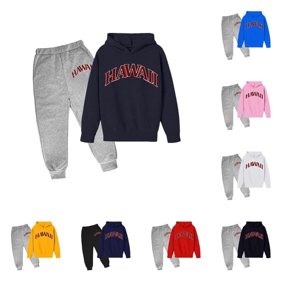 GobdXE Girls 2 Piece Outfit Hawaii Arc Letter Print Hoodie Jogger Pants Warm Fall Winter Sweatsuit Tracksuit 7-8 Years,Navy