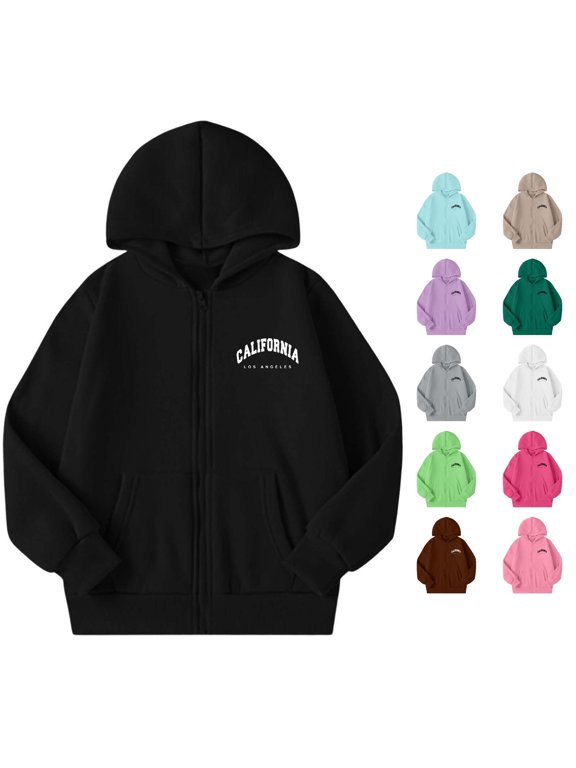 GobdXE Girls Winter Long Sleeve Hooded Full Zip Up Jacket, California Los Angeles Text Graphic with Front Kangaroo Pockets Size:13-14 Years,Black