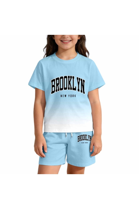 GobdXE Girls Gradient 2-Piece Outfit, Ombre T-Shirt & Shorts Set Color:Sky Blue,Size:3-4 Years