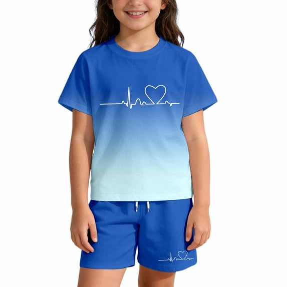 GobdXE Girls Gradient Heart ECG Line Print 2 Piece Outfit Short Sleeve T Shirt and Drawstring Shorts Set Size:13-14 Years