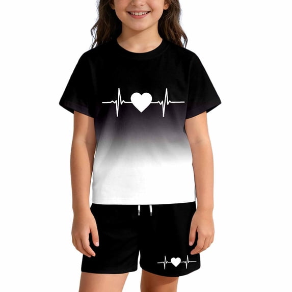 GobdXE Girls Gradient Heart Electrocardiogram 2 Piece Outfit Short Sleeve T Shirt and Drawstring Shorts Set Size:3-4 Years