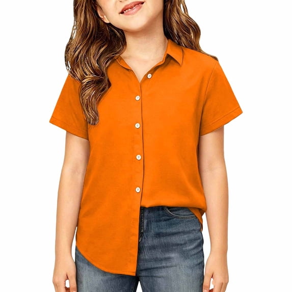 GobdXE Girls Kids Solid Point Collar Short Sleeve Button Down Blouse Color:Orange,Size:7-8 Years