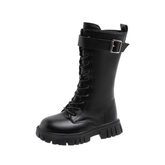 GobdXE Girls Knee High Combat Boots Lace Up Buckle Strap Matte Kids Shoes Black,5.5-6 Years