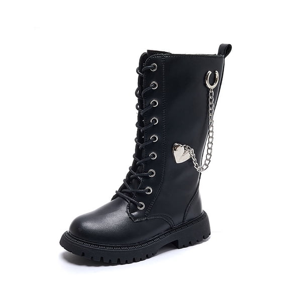 GobdXE Girls Knee High Combat Boots Lace Up Heart Chain Charm Kids Shoes Black,5.5-6 Years