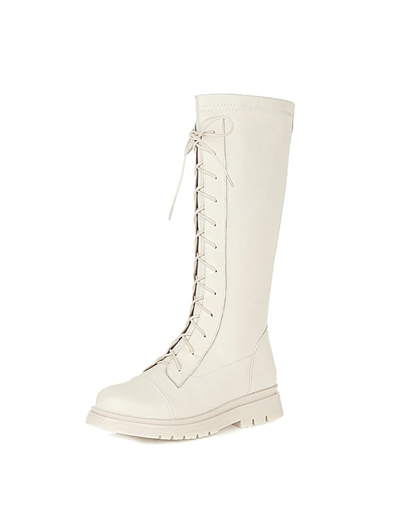 GobdXE Girls Knee High Combat Boots Low Lace Up Cap Toe Kids Shoes White,9.5-10 Years