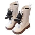 thumbnail image 1 of GobdXE Girls Knee High Combat Boots Patent Leather Lace Up Teddy Bear Charm Kids Shoes White,5.5-6 Years, 1 of 9