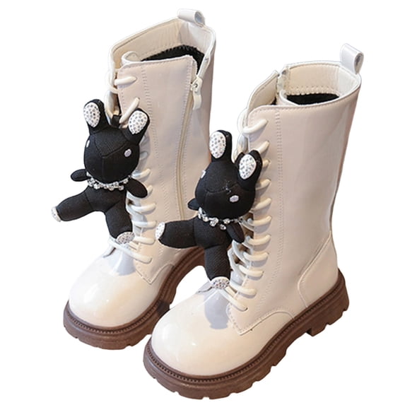 GobdXE Girls Knee High Combat Boots Patent Leather Lace Up Teddy Bear Charm Kids Shoes White,5.5-6 Years
