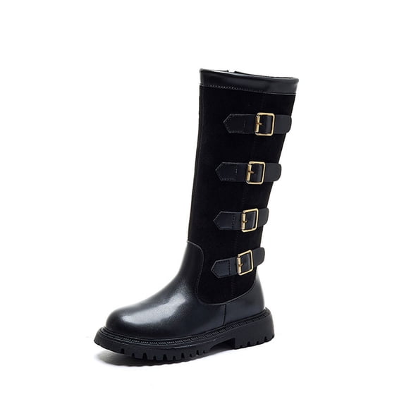 GobdXE Girls Knee High Riding Boots Quad Buckle Strap Side Zipper Kids Shoes Black,10-10.5 Years