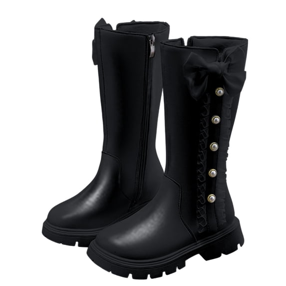 GobdXE Girls Knee High Riding Boots Side Zipper Pearl Button Bow Little Big Girls Kids Shoes Black,6.5-7 Years