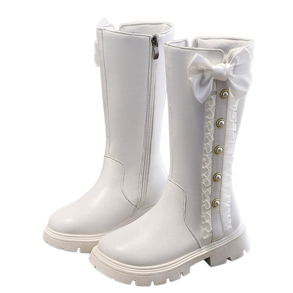 GobdXE Girls Knee High Riding Boots Side Zipper Pearl Button Bow Little Big Girls Kids Shoes White,6.5-7 Years