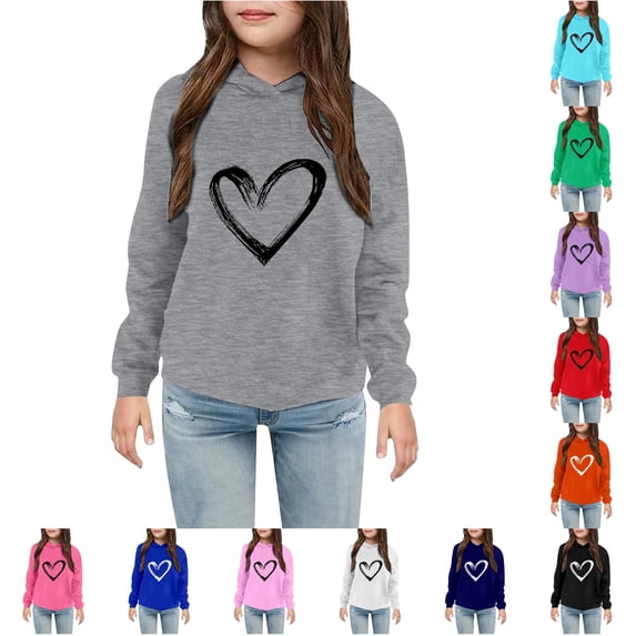 GobdXE Girls Long Sleeve Hoodie Hand Drawn Heart Graphic Soft Casual Loose Kids Pullover Sweatshirt Grey,18-24 Months