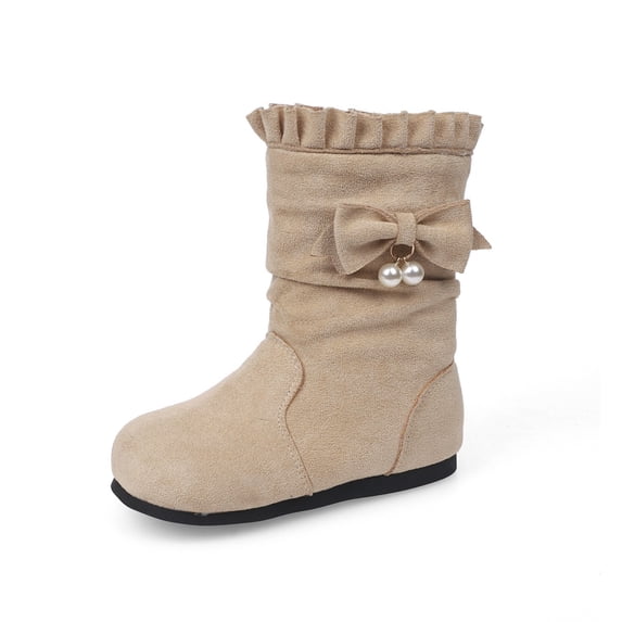 GobdXE Girls Mid Calf Boots Solid Faux Suede Ruffled Cuff Bow Pearl Decor Fall Winter Casual Shoes Beige,8-9 Years