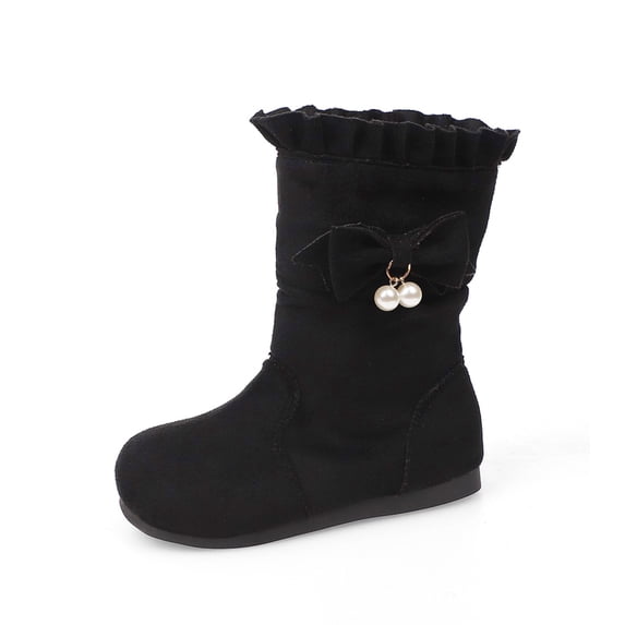 GobdXE Girls Mid Calf Boots Solid Faux Suede Ruffled Cuff Bow Pearl Decor Fall Winter Casual Shoes Black,9-9.5 Years