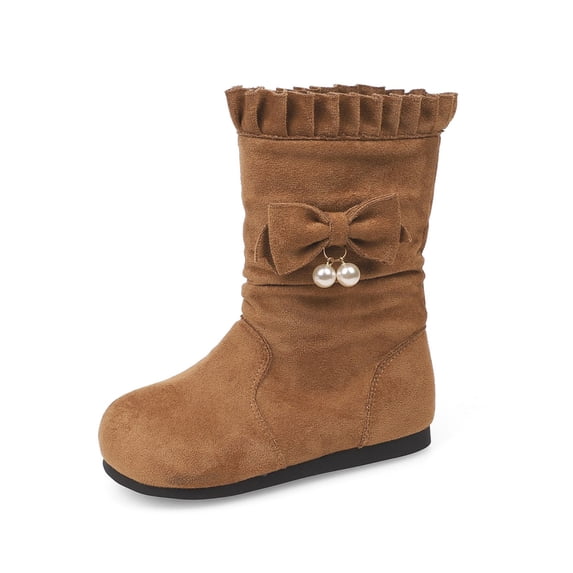 GobdXE Girls Mid Calf Boots Solid Faux Suede Ruffled Cuff Bow Pearl Decor Fall Winter Casual Shoes Brown,8-9 Years