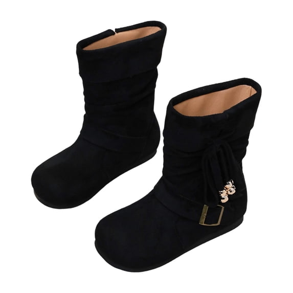 GobdXE Girls Mid Calf Boots Solid Suede Look Buckle Bow Beaded Decor Casual Fall Winter Shoes Black,11.5-12 Years