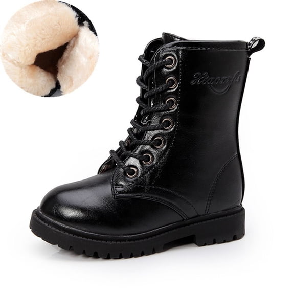 GobdXE Girls Mid Calf Combat Boots Lace Up Side Zipper Kids Shoes BK2,9.5-10 Years
