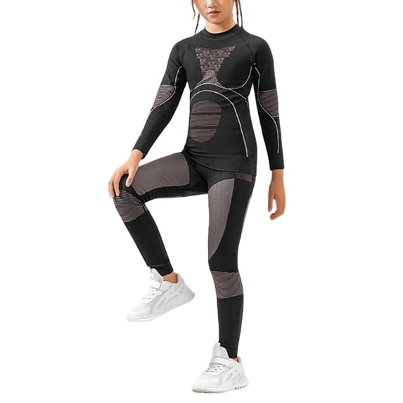 GobdXE Girls Seamless Compression Workout Set 2Pcs Long Sleeve Top High Waist Leggings Athletic Base Layer Outfit Size:L
