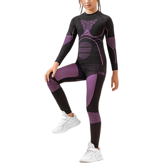 GobdXE Girls Seamless Compression Workout Set 2Pcs Long Sleeve Top High Waist Leggings Athletic Base Layer Outfit Size:S