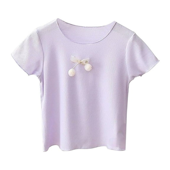 GobdXE Girls Solid Color Ribbed Tee Short Sleeve T-Shirt with 3D Cherry Decoration Color:Purple,Size:4-5 Years