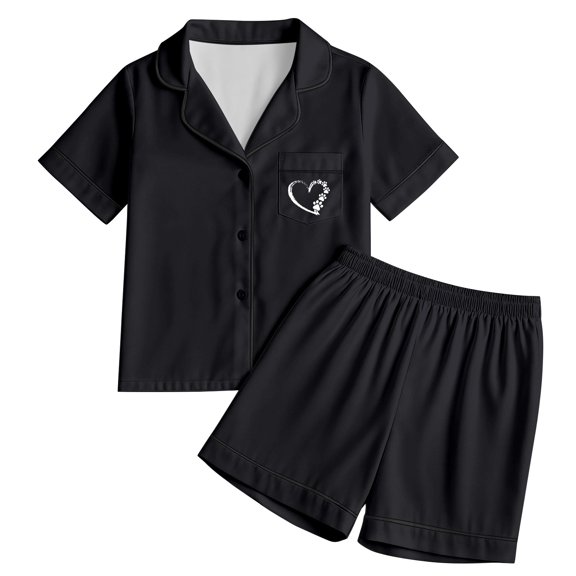 GobdXE Girls Solid Color Satin Short Pajama Set Paw Print Heart Notch Collar Button Down Sleepwear with Elastic Waist Shorts Color:Black,Size:2-3 Years