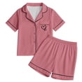 thumbnail image 1 of GobdXE Girls Solid Color Satin Short Sleeve Pajama Set Double Heart Embroidery Notch Collar Button Down Sleep Shorts Loungewear Color:Pink,Size:6-7 Years, 1 of 7