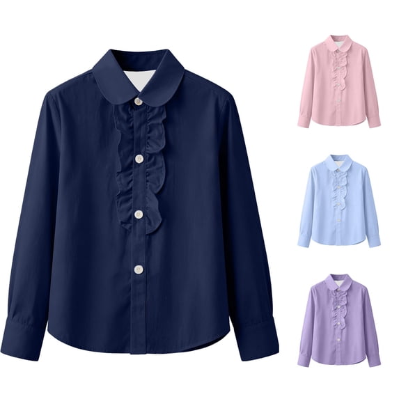 GobdXE Girls Solid Front Ruffle Round Collar Long Sleeve Button Down School Blouse Navy,16-17 Years
