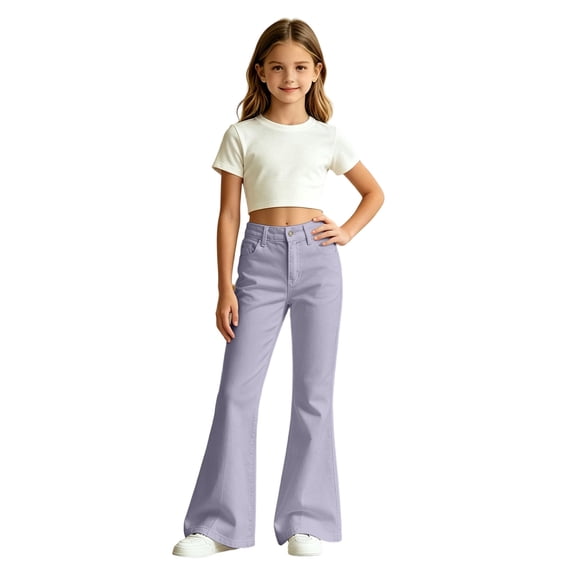GobdXE Girls' Solid High Waist Flare Jeans Style Stretch Pants Light Purple,11-12 Years