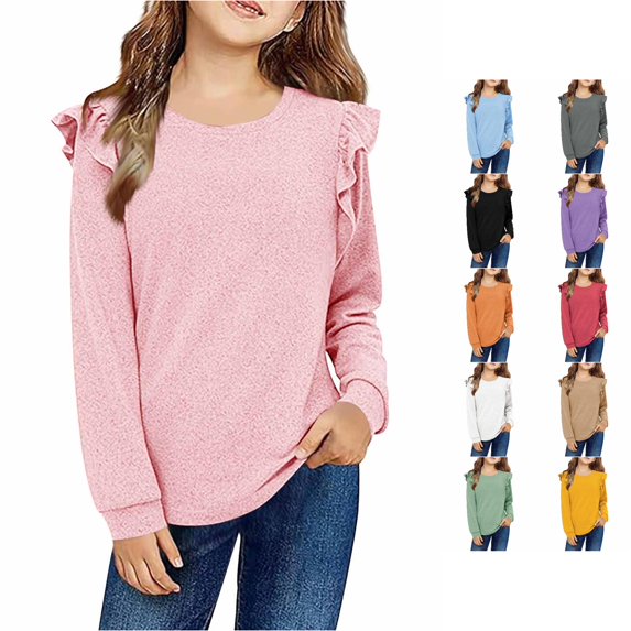 GobdXE Girls Solid Knit Long Sleeve Shirt Crew Neck Ruffle Detail Casual Daily Loose Pullover Top Pink,7-8 Years