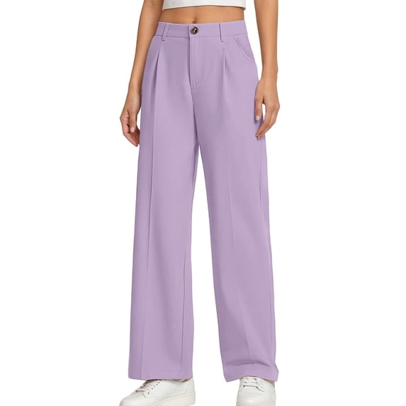 GobdXE Girls Solid Pleated Wide Leg Dress Pants Button Zipper Closure Business Casual Trousers Purple,7-8 Years