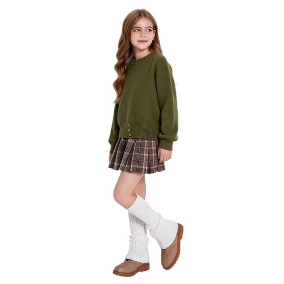 GobdXE Girls Solid Round Neck Relax Long Sleeve Rib Hem Casual Knit Pullover Dark Green,9-10 Years