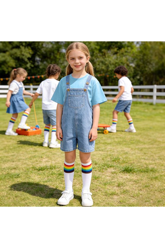 GobdXE Girls Solid Short Sleeve Tee + Short Denim Overall + Rainbow Sock 3 Piece Outfit Set Color:Sky Blue,Size:10-13 Years