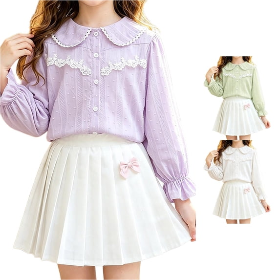 GobdXE Girls Solid Swiss Dot Lace Peter Pan Collar Puff Long Sleeve Flounce Cuff Button Up Blouse Light Purple,8-9 Years
