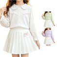 thumbnail image 1 of GobdXE Girls Solid Swiss Dot Lace Peter Pan Collar Puff Long Sleeve Flounce Cuff Button Up Blouse White,8-9 Years, 1 of 4