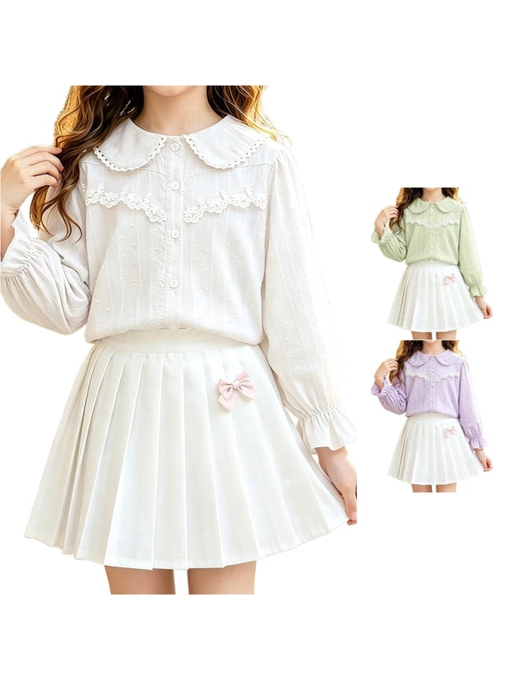 GobdXE Girls Solid Swiss Dot Lace Peter Pan Collar Puff Long Sleeve Flounce Cuff Button Up Blouse White,8-9 Years