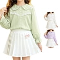 thumbnail image 1 of GobdXE Girls Solid Swiss Dot Lace Peter Pan Collar Puff Long Sleeve Flounce Cuff Button Up Blouse Light Green,10-11 Years, 1 of 4