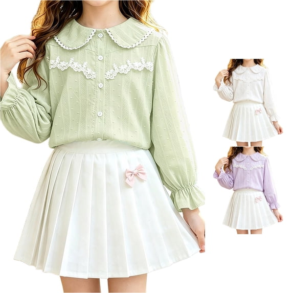 GobdXE Girls Solid Swiss Dot Lace Peter Pan Collar Puff Long Sleeve Flounce Cuff Button Up Blouse Light Green,10-11 Years