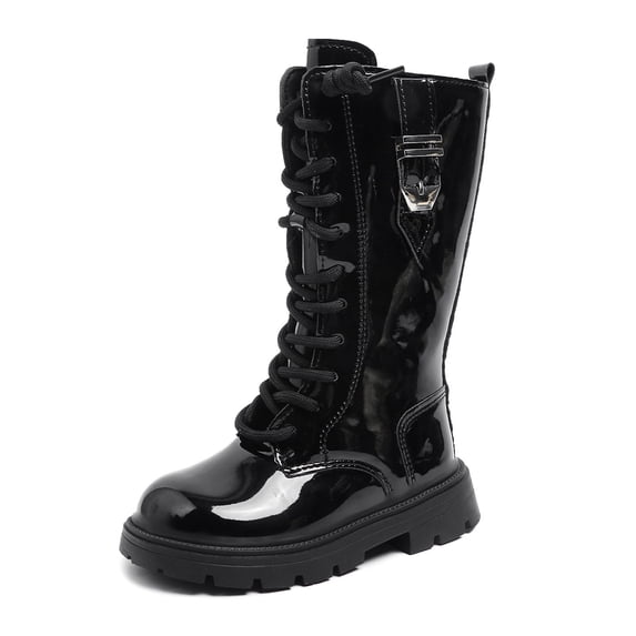 GobdXE Girls Solid Tall Combat Boots Lace Up Side Zipper Decorative Metal Buckle Glossy PU Upper Non Slip Thick Lug Sole Size:10.5-11 Years