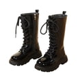 thumbnail image 1 of GobdXE Girls Solid Tall Combat Boots Lace Up Side Zipper Glossy PU Upper Non Slip Thick Lug Sole Size:8-9 Years, 1 of 9