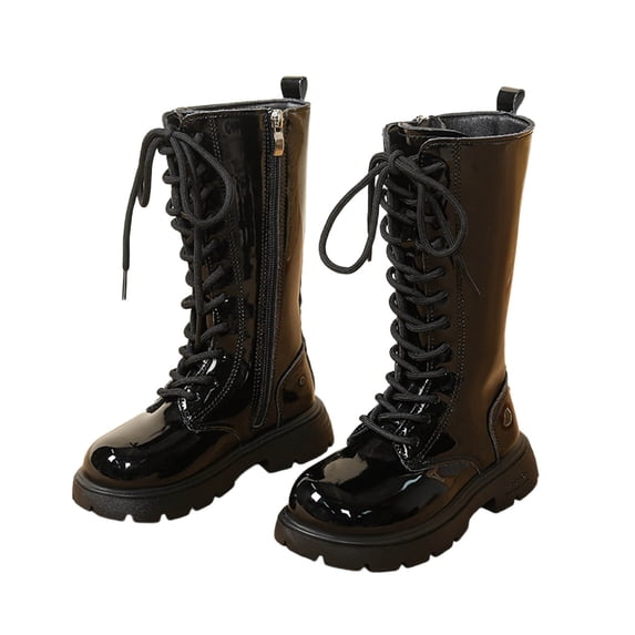 GobdXE Girls Solid Tall Combat Boots Lace Up Side Zipper Glossy PU Upper Non Slip Thick Lug Sole Size:8-9 Years