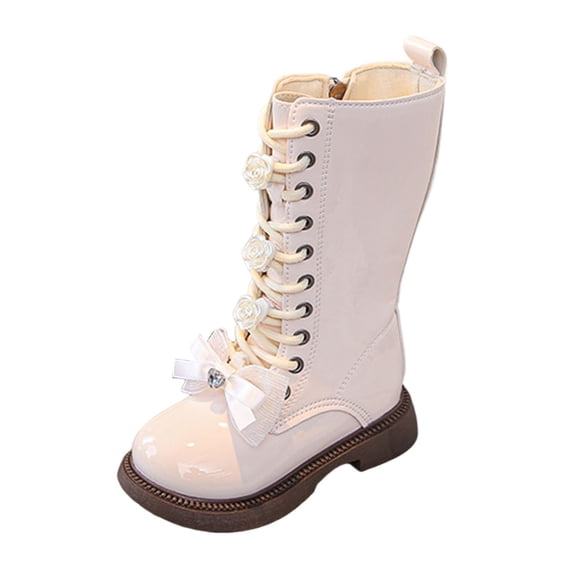 GobdXE Girls Solid Tall Fashion Boots Lace Up Side Zipper Decorative Bow Floral Ornament Glossy PU Upper Size:5-5.5 Years