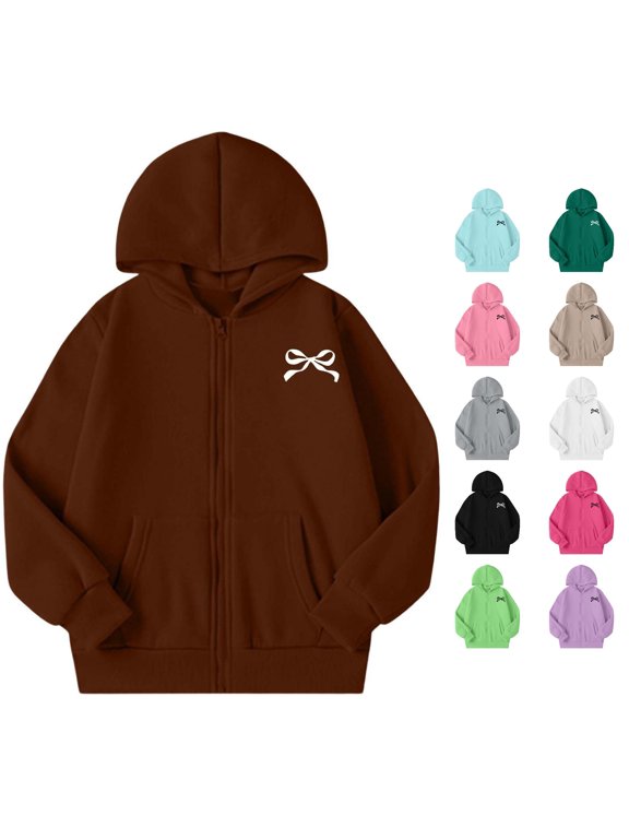 GobdXE Girls Winter Long Sleeve Hooded Full Zip Up Jacket, Zip Hoodie Coat with Bow Graphic Print Size:5-6 Years,Brown