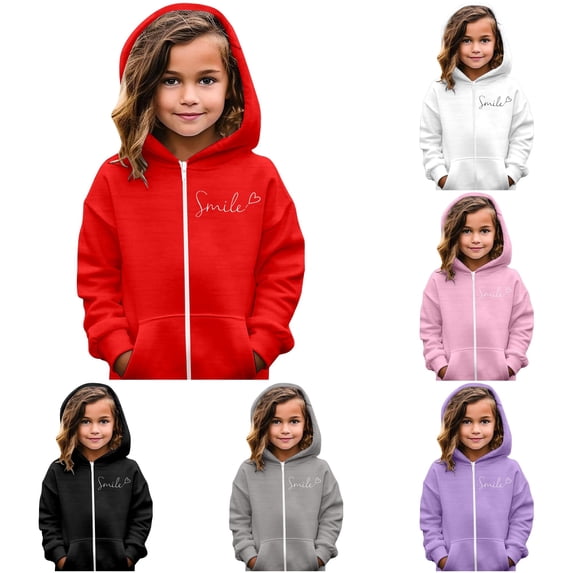 GobdXE Girls Zip Up Hoodie Long Sleeve Smile Cursive Letter Heart Graphic Soft Casual Kids Full Zip Sweatshirt Red,5-6 Years