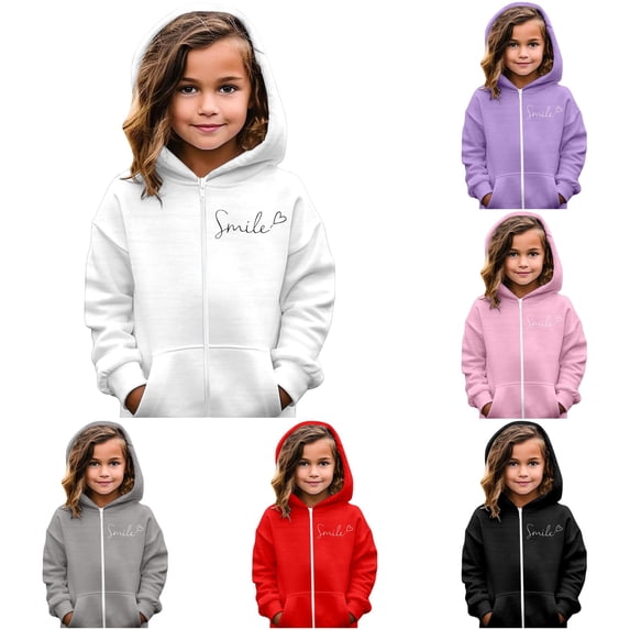 GobdXE Girls Zip Up Hoodie Long Sleeve Smile Cursive Letter Heart Graphic Soft Casual Kids Full Zip Sweatshirt White,4-5 Years