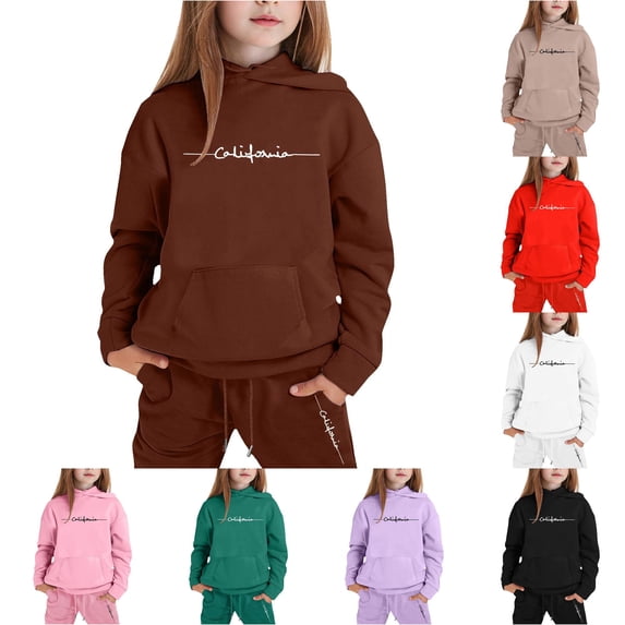 GobdXE Kids 2 Piece Fall Winter Long Sleeve Hoodie and Drawstring Long Jogger Pants Handwritten California Signature Print Tracksuit Set 8-9 Years,Coffee